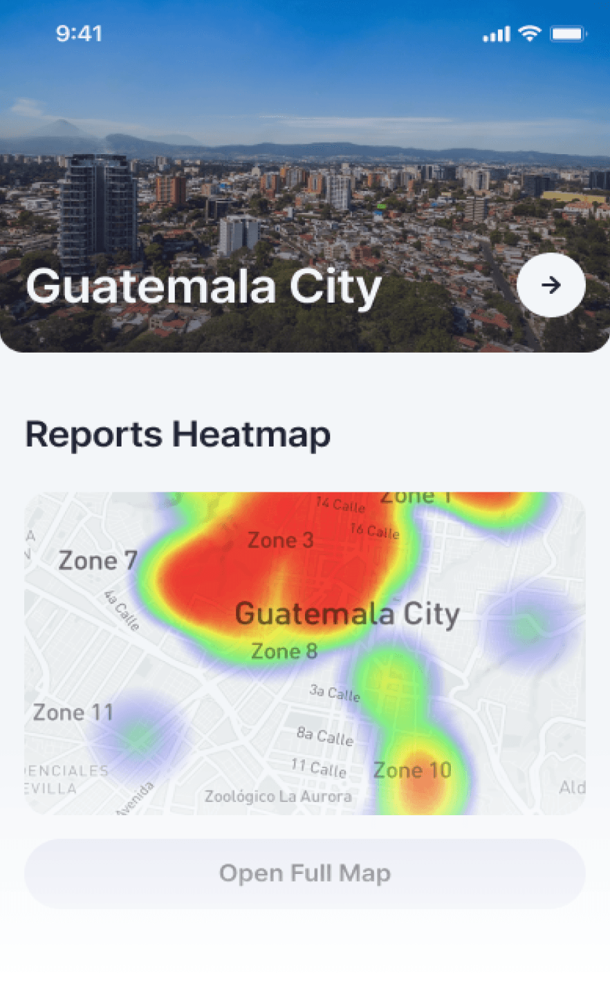 Screenshot from mobile application that depicts a heatmap of reports from Guatemala City